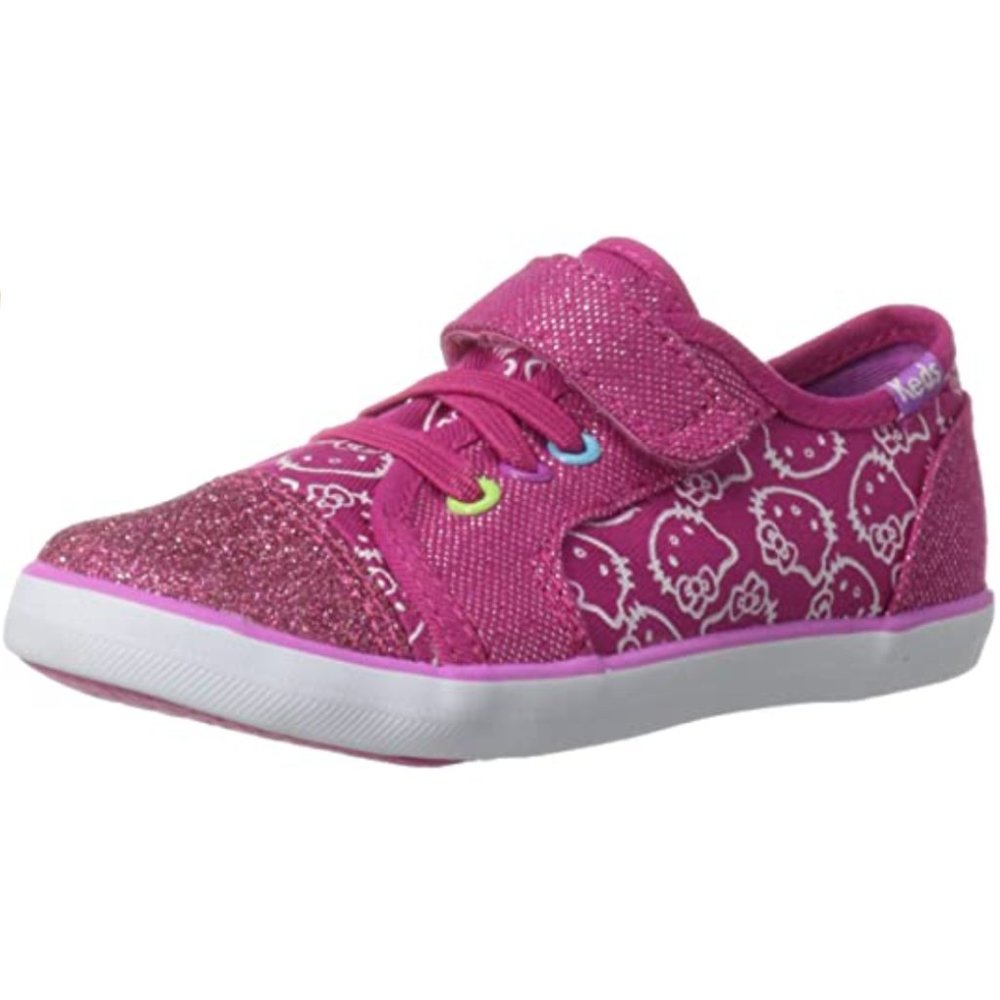 NEW keds Kid Hello Kitty Rally Magenta Multi Glitter Elastic Lace Strap Sneaker